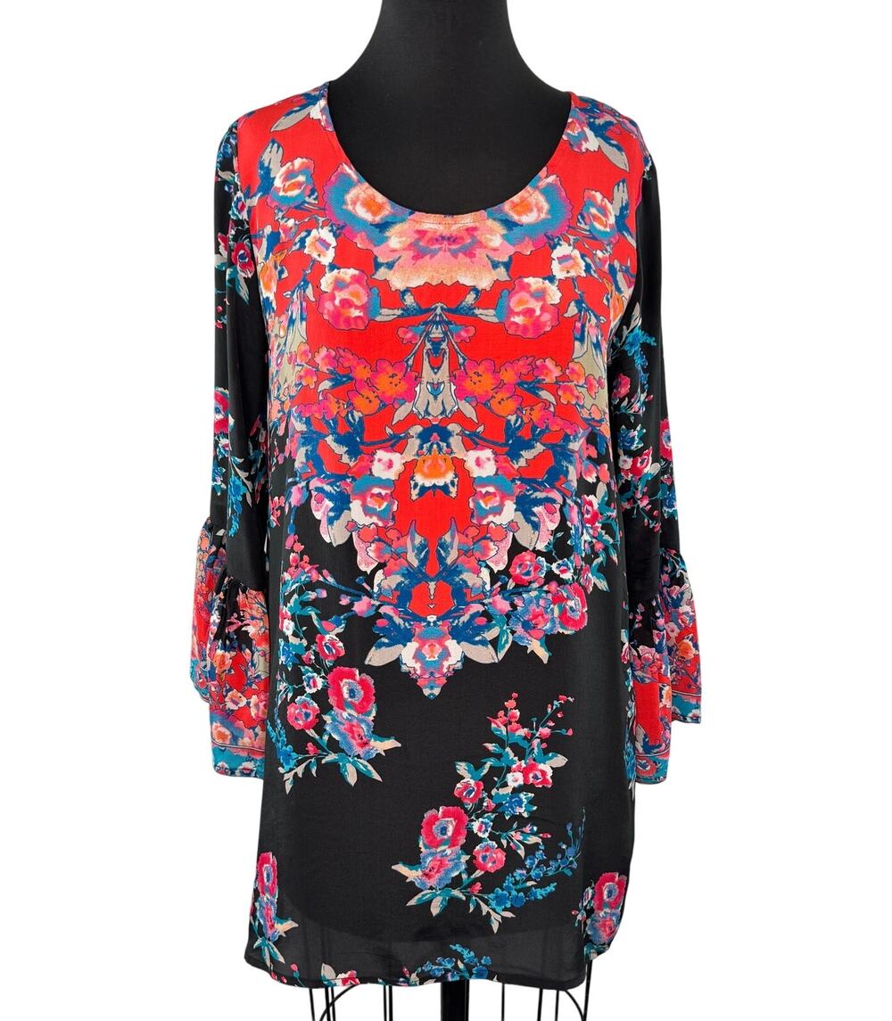TOLANI Multi Tunic Blouse Silk Floral Scoop 3/4 Belle Sleeve Pullover Sz S Small